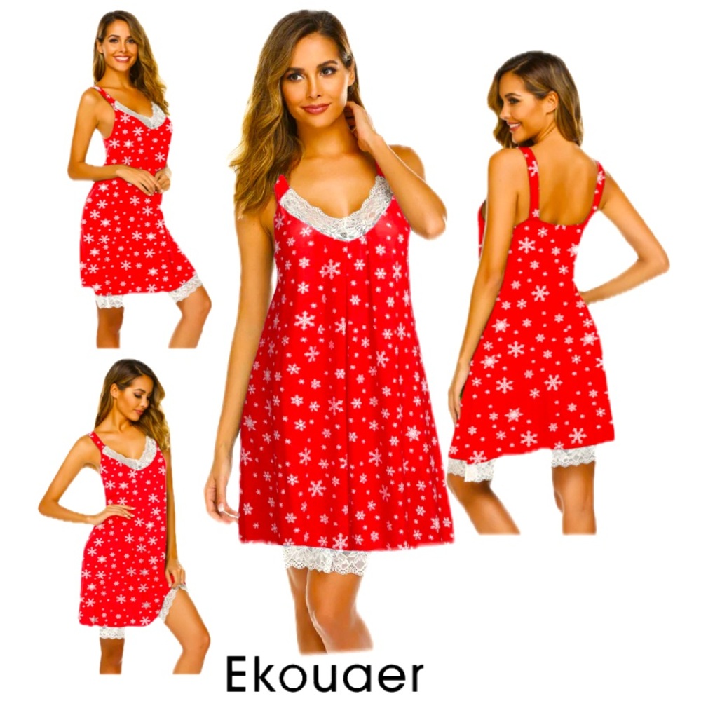 EKOUAER Christmas Snowflake Print Chemise Lace Jersey Nightgown Women’s Size XXL